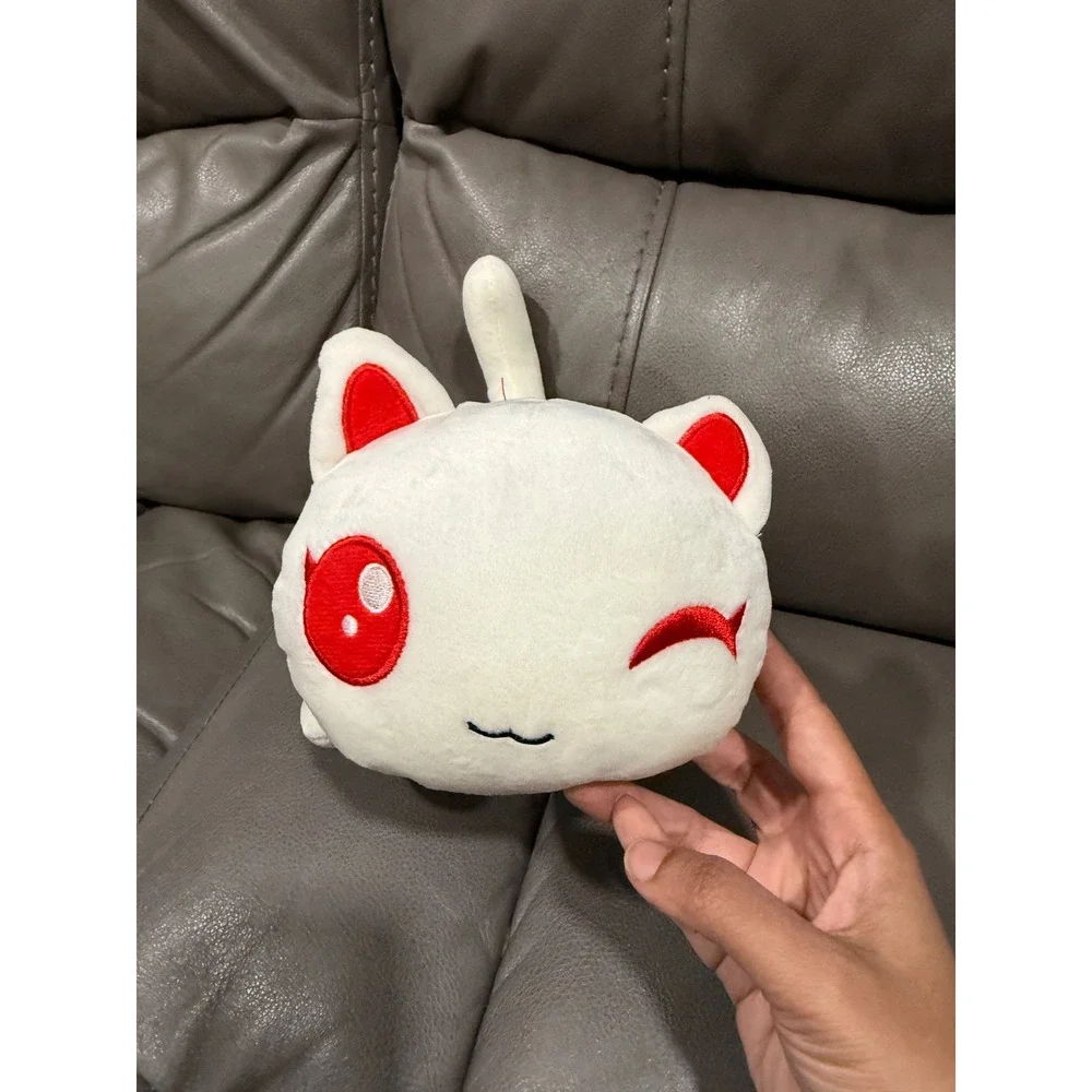 White Winking Anime Cat Plush Red Collar Embroidered Kawaii Mochi Style Toy